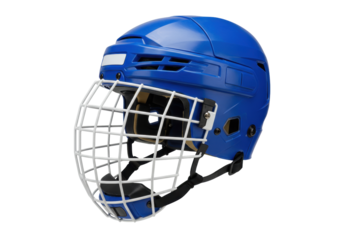 Isolated blue hockey helmet with face cage, sport protective gear for players safety