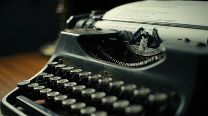 A vintage manual typewriter with paper and typed text rests on a wooden desk. - Powered by Adobe