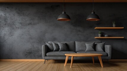 Modern living room interior with sofa table shelves and decorative lamps