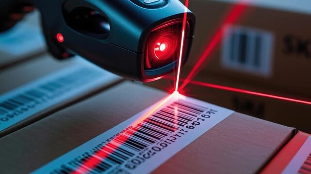 Precision in Every Scan: A high-tech barcode scanner in action, precisely reading labels on cardboard boxes, highlighting efficiency in logistics and supply chain.