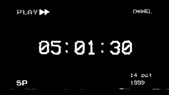 VHS Tape Fast Forward Time Code Overlay Animation with Retro Glitch Effect on Black Screen Loop 4K.