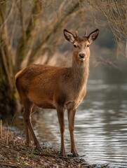 A graceful deer stands alert by a tranquil riverbank its reflection shimmering on the calm water surface amidst natural surroundings