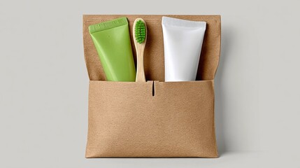 Eco-friendly dental care kit featuring a bamboo toothbrush, green toothpaste, and white toothpaste, presented in a minimalist kraft paper pouch, promoting sustainable oral hygiene practices and enviro