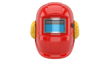 Isolated red welding helmet headgear protecting the face with adjustable yellow side pieces