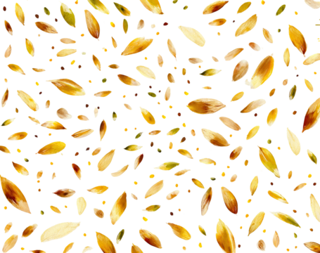 Abstract illustration with numerous oval-shaped, tan-yellow leaf-like forms against a dark background