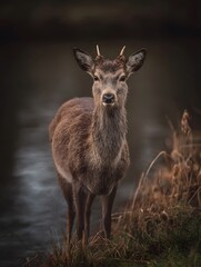A graceful deer stands alertly by a tranquil riverbank its soft brown fur and slender antlers detailed in the soft reflective light of the natural