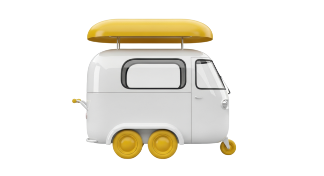 Isolated cute cartoon mobile home on wheels with awning for family summer traveling
