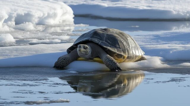 Giant tortoise entering the freezing arctic ocean
