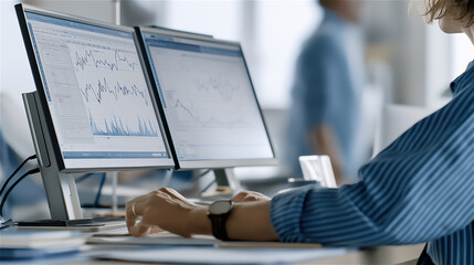 Close-up of two colleagues analyzing data on multiple computer screens, concept of teamwork, analytics and digital business.
