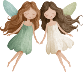 Serene fairy girl friends in cute dresses holding hands in friendship