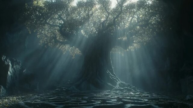 Sunbeams illuminate a colossal, ancient tree inside a cavern with a maze floor