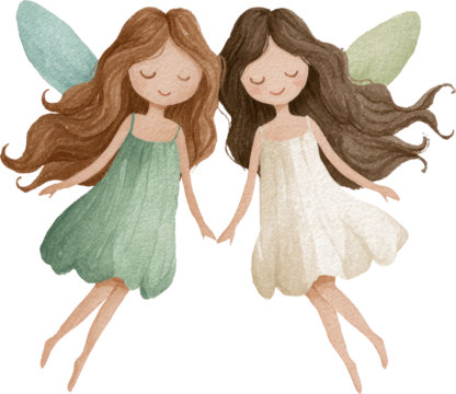 Serene fairy girl friends in cute dresses holding hands in friendship