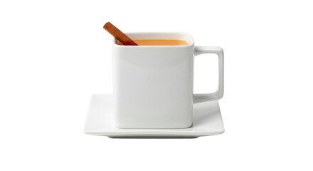 Isolated, squared white mug with cinnamon stick and an orange beverage on a saucer