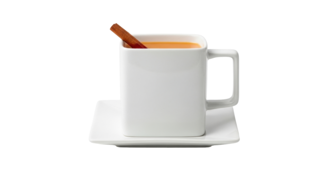 Isolated, squared white mug with cinnamon stick and an orange beverage on a saucer