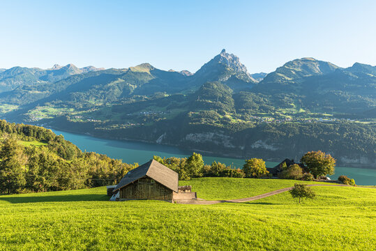 Alpine landscape overlooking Lake Walensee near Amden, Canton of St. Gallen, Switzerland
