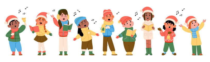Cute kids singing Christmas carols song enjoying musical holiday performance heartwarming set