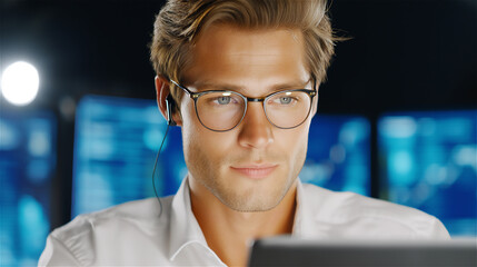 Focused man wearing glasses working on computer with data screens in background, concept of cybersecurity and analytics.