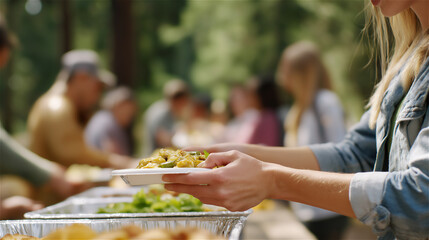 Hands serving food on outdoor table during community event, concept of sharing, volunteering and togetherness.