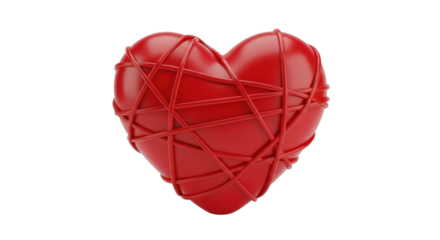 Isolated red heart with entangled ribbons, Valentine's Day love, romantic, tied with strings