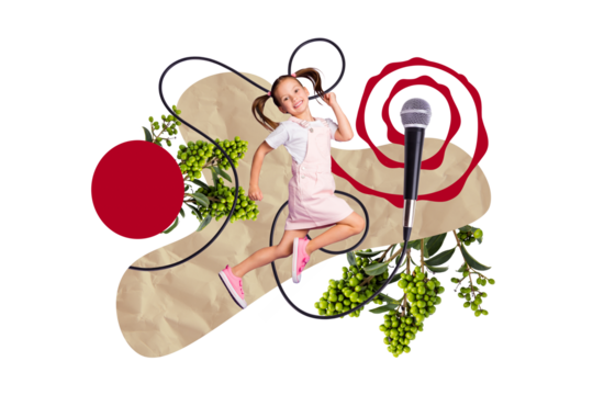 Composite collage image picture of mini excited girl run microphone isolated on creative background