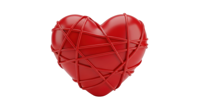 Isolated red heart with entangled ribbons, Valentine's Day love, romantic, tied with strings