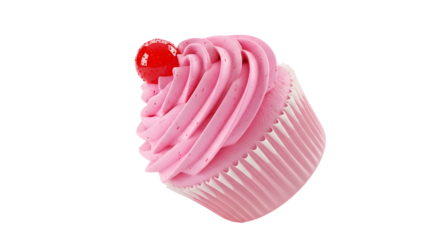 A delicious pink cupcake with swirled frosting and a bright red cherry on top.