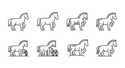 Set of horse icons isolated on white background for equestrian and animal