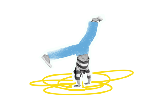 Composite photo collage of young girl athlete gymnast handstand acrobatics effort stamina sport isolated on painted background