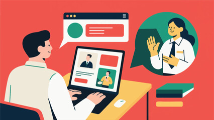 illustration of An employee attending an online training session with live captioning and a sign language interpreter displayed.eps