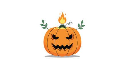 A spooky jack o lantern with leaves and fire on top.