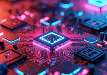 High quality image of closeup of a glowing computer processor on a circuit board, illuminated by vibrant neon blue and pink lights, symbolizing technology and data
