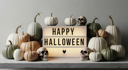 Illustration of happy halloween decoration with pumpkins and skulls on a shelf in front of wall