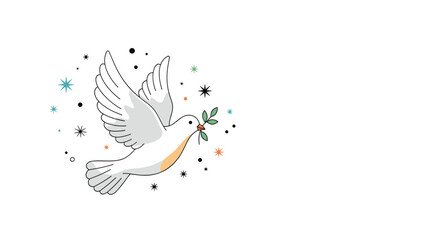 A symbol of peace a white dove carrying an olive branch in flight with glittering stars around.