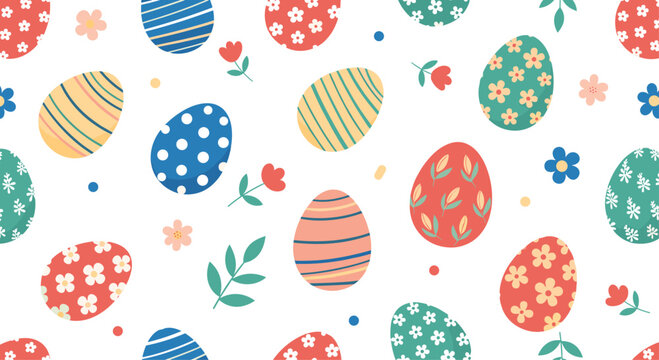 A festive and colorful pattern of intricately decorated Easter eggs scattered across a white background.