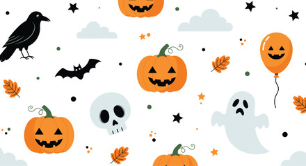 A Spooky Halloween Pattern With Pumpkins Ghosts Bats And Crows.