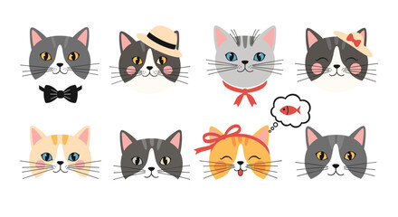 A collection of cute pixel art cat faces with different accessories.