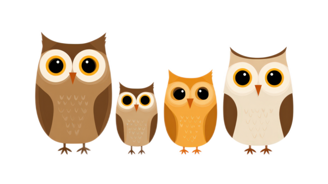 Cute and Simple Illustration of Small and Big Owls with Big Eyes and Expressions
