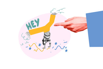 Composite trend artwork sketch image collage of party celebrate dance relax event young lady stand hands acrobat hey huge arm finger point
