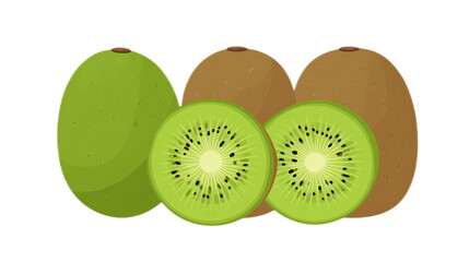Obraz premium Fresh Whole and Sliced Kiwi in Cross Section on White Background