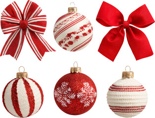Collection of festive red and white Christmas ornament, bauble and bow