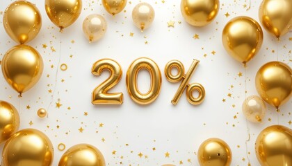 Gold 20 perсent text among celebratory balloons, promotional discount vibe.
