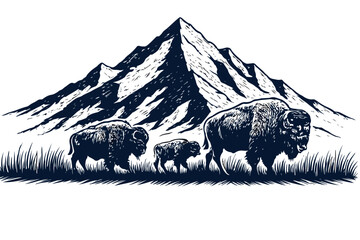 Black and white silhouette sketch of a father mother and baby bison standing before mountains showing wildlife family unity and natural beauty perfect for outdoor designs rustic logos and nature inspi © Saad Hassan