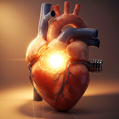 Realistic Human Heart with Bright Light and Vascular Details in Medical Illustration Style