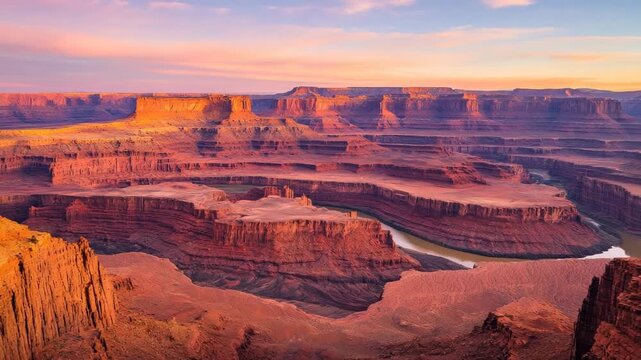 A majestic red rock canyon with a winding river, bathed in warm sunset light