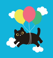 A cute black cat illustration flying through the sky on a balloon. Ideal for adventure, freedom, fun, dreams, and birthday graphic themes.