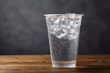 Plastic cup filled with ice and sparkling water.