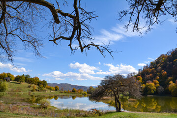 Autumn forest and lake. A river flows through the autumn forest. Golden trees. Multicolored trees of the autumn forest and a mountain lake. Beautiful natural landscape.