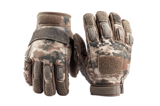 Pair of tactical gloves with digital camouflage pattern isolated on a transparent background image - Powered by Adobe