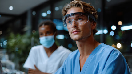 A young male doctor wears protective gear while attentively analyzing a situation, highlighting determination and professionalism in a healthcare setting.