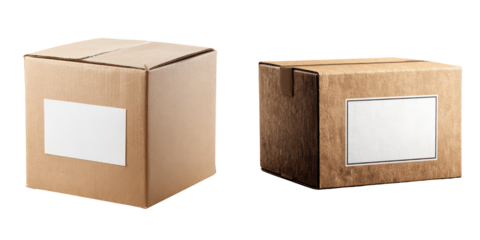 Two Cardboard Boxes with Blank Labels for Shipping and Storage Use isolated on transparent background.